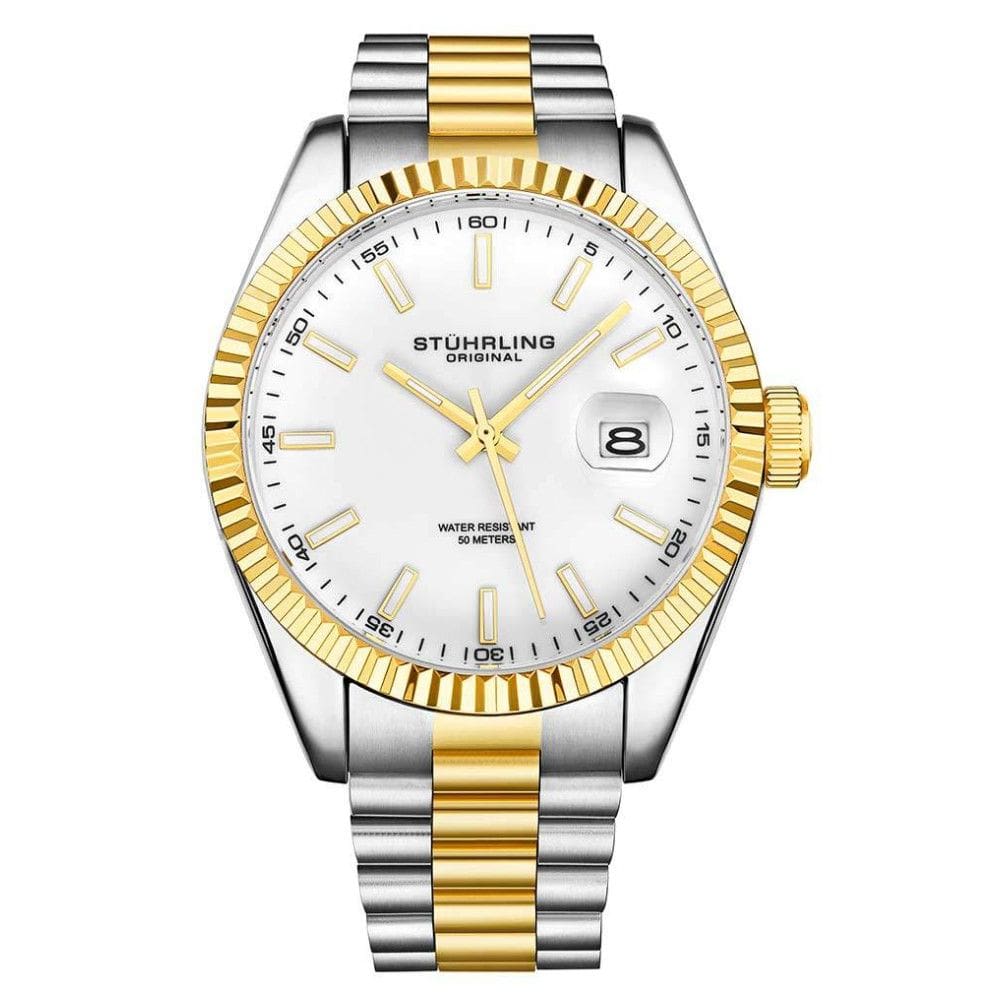 Relgio Stuhrling Lineage 3935 42mm, mostrador branco, pulseira de ao inoxidvel com fivela, disponvel em prata ou dois tons de amarelo ouro e prata.