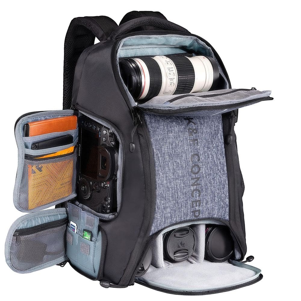 Mochila de câmera K&F Concept 25L com capa de chuva para Canon/Nikon/Sony