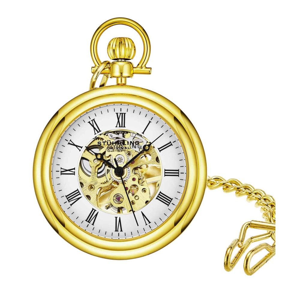 Relgio de bolso Stuhrling Vintage 6053 Handwind 47mm, mostrador branco e ouro em ao inoxidvel dourado