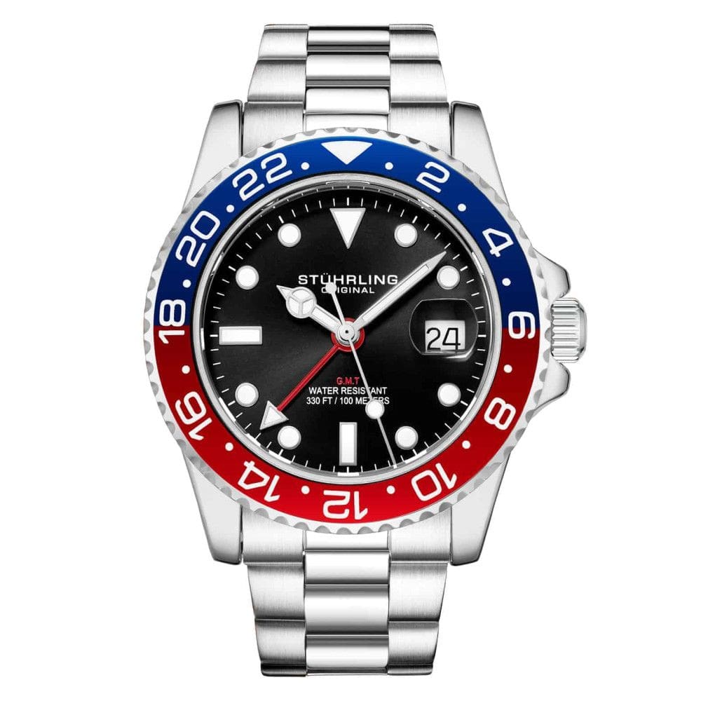 Relgio Stuhrling Meridian 3965 de 42 mm com mostrador preto e pulseira de ao inoxidvel prateado.