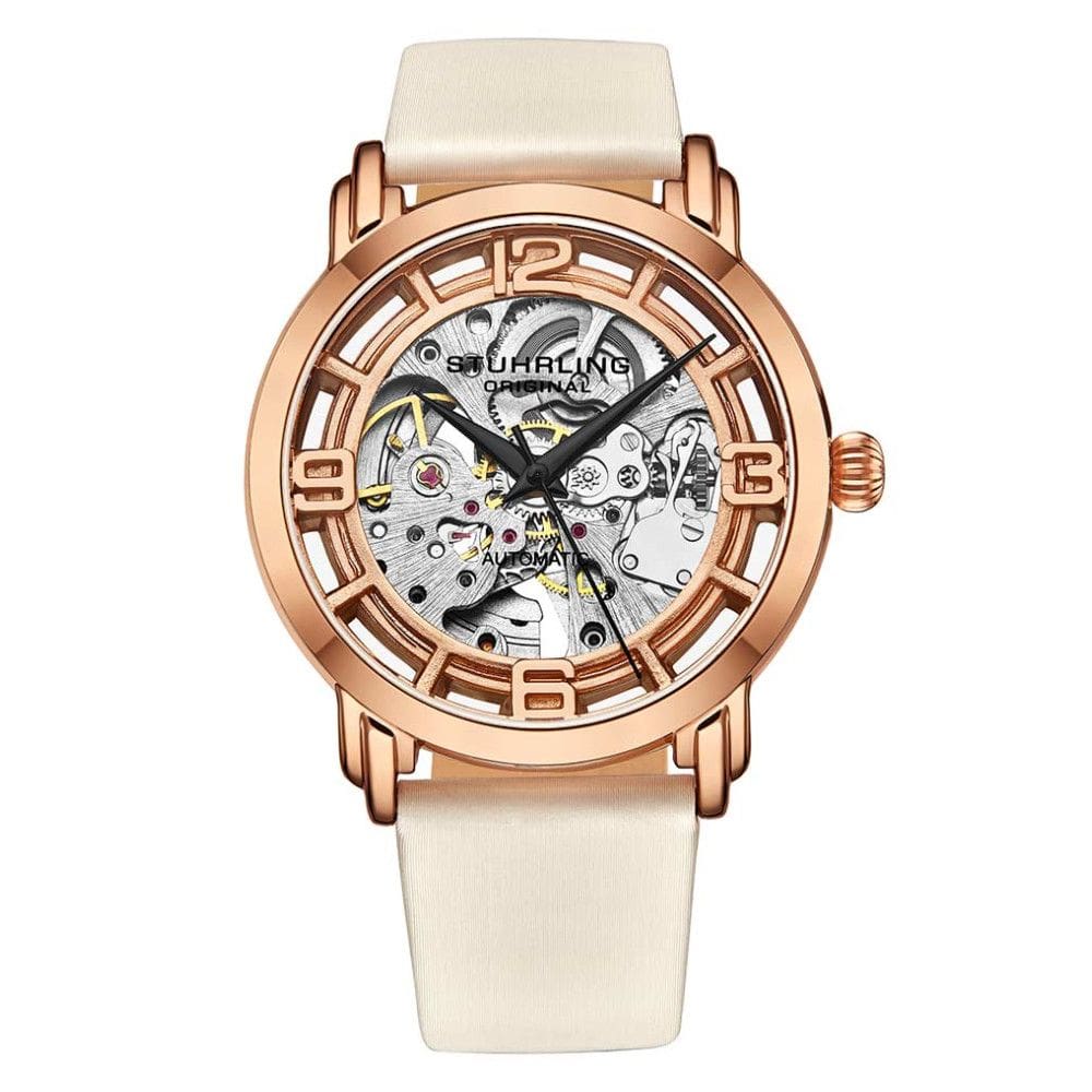 Relógio Winchester 3982 Automático 40mm, Mostrador Prateado, Pulseira de Couro Branco e Fivela em Camadas de Ouro - Stuhrling