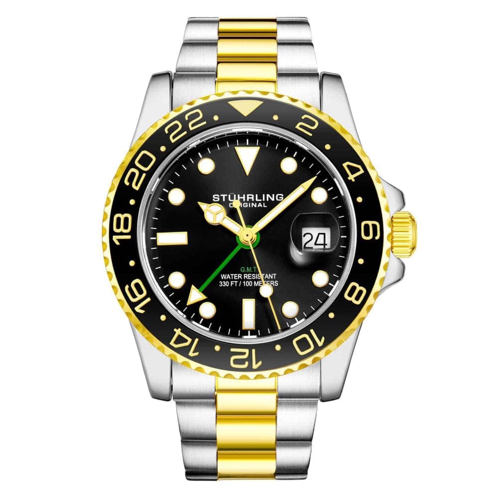 Relgio Stuhrling Meridian 3965 de 42 mm com mostrador preto, pulseira em ao inoxidvel dourado e fivela de implantao prateada.