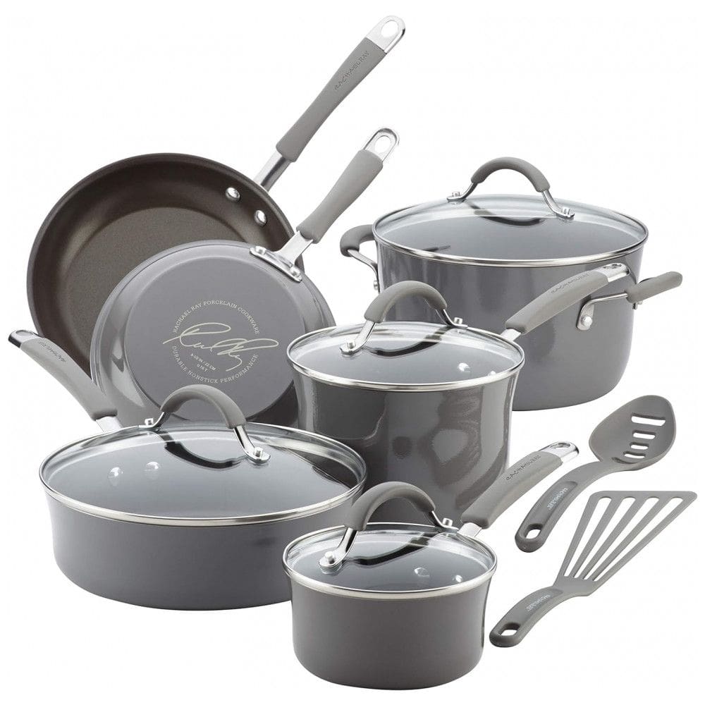 Conjunto de Panelas Antiaderentes e Utensílios, 12 Peças, RACHAEL RAY 16802, Cinza