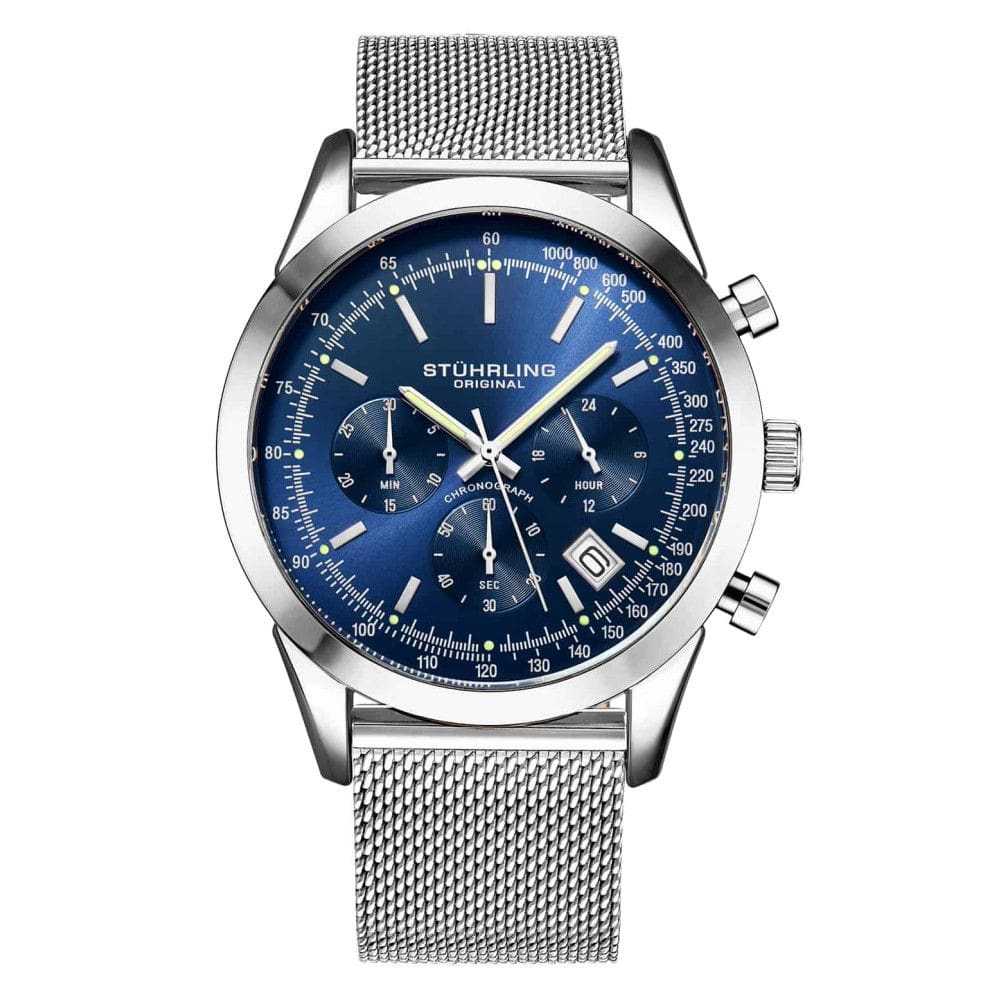 Relgio Stuhrling Rialto 3975L 44mm Crongrafo com Mostrador Azul e Pulseira de Liga de Prata com Fivela Dobrvel - Prata