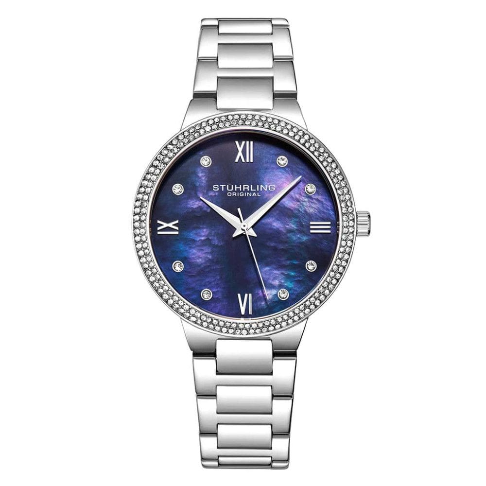 Relgio Stuhrling Carrara 3907 38mm, mostrador azul, pulseira de ao inoxidvel prateado e fivela de implantao prata