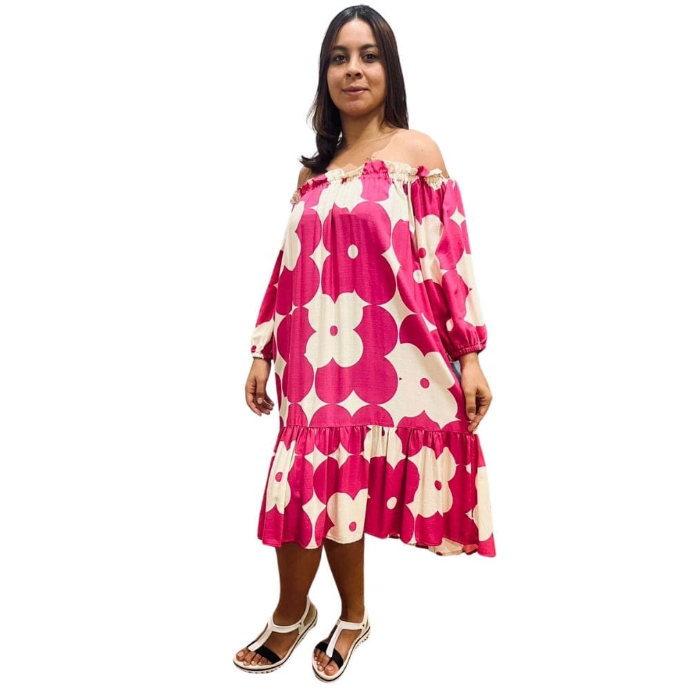 Vestido Midi Soltinho Ombro a Ombro Floral Rosa