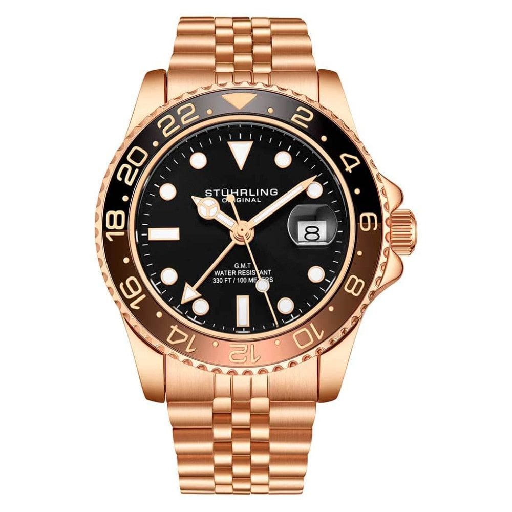 Relgio Meridian 3968 GMT 42mm com mostrador preto, pulseira de ao inoxidvel rosa e fivela de implantao Stuhrling.