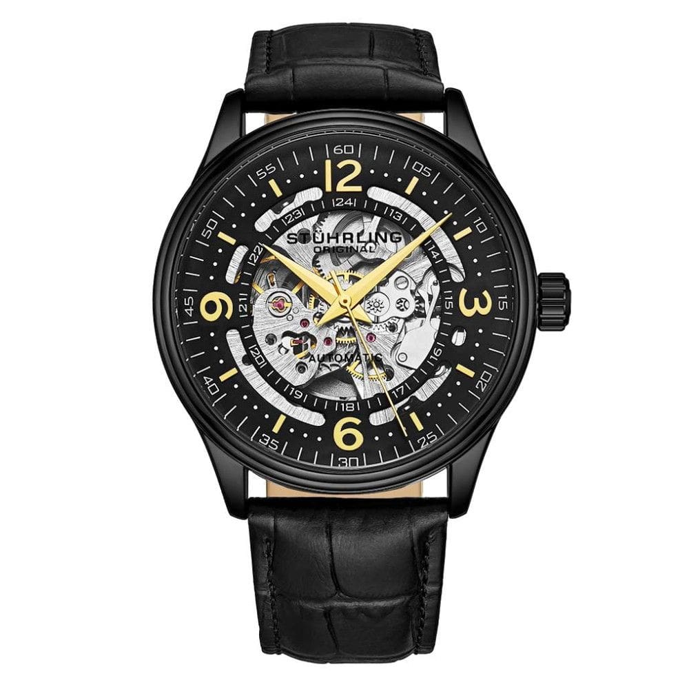 Relgio Automtico Stuhrling Dinamarca 3947, 42mm, Mostrador Preto, Pulseira de Couro Preto com Fivela Tang Preta