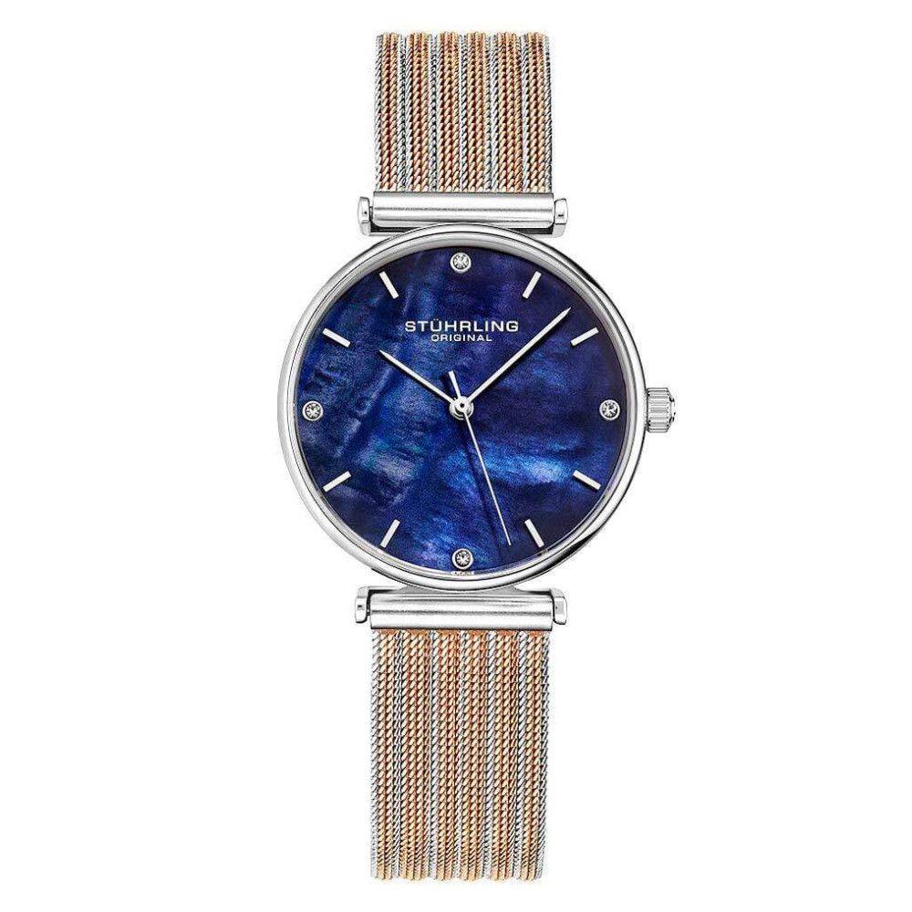 Relgio Stuhrling Cambria 3927 32mm com mostrador azul clssico, pulseira em ao inoxidvel rosa e fivela dobrvel em prata.