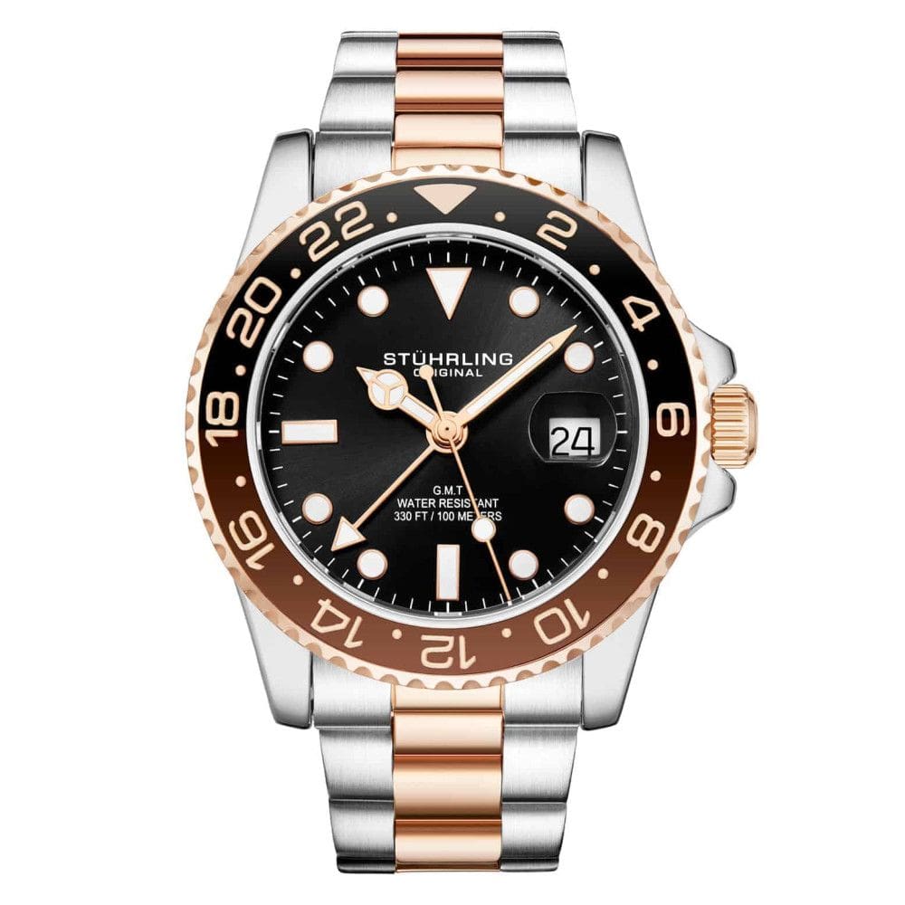 Relógio Meridian 3965 42mm, Mostrador Preto, Pulseira de aço Inoxidável Rosa, Stuhrling