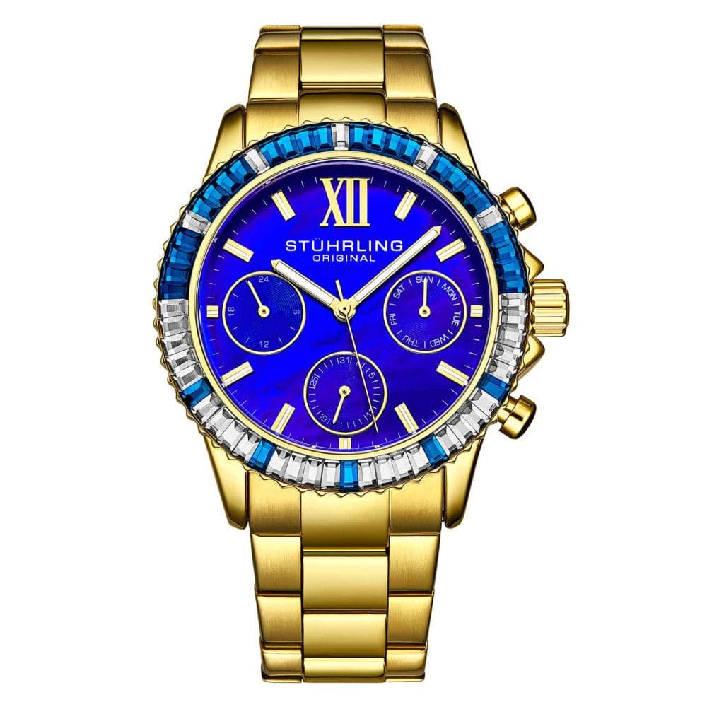 Relógio 3959 com Mostrador Azul, Pulseira de aço Inoxidável Dourada e Fivela de Implantação, Stuhrling