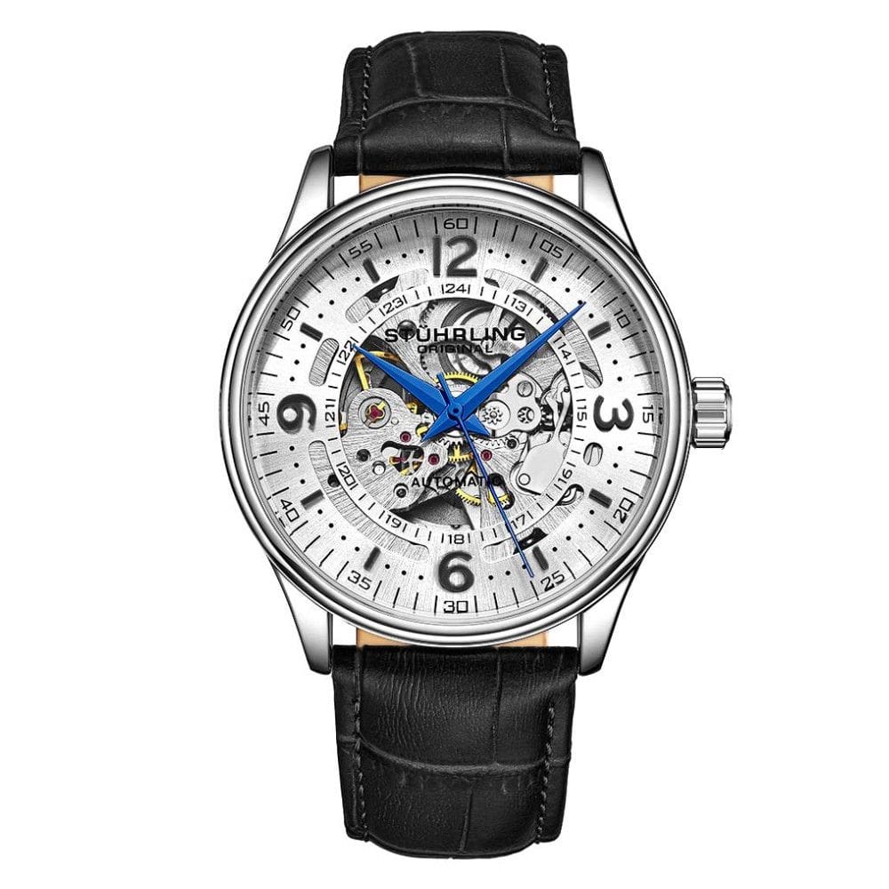 Relgio Automtico Stuhrling Dinamarca 3947 - Mostrador Branco, Pulseira de Couro Preto e Fivela de Prata Tang - 42mm