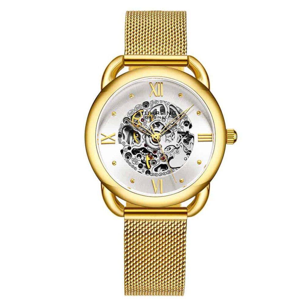 Relgio Stuhrling 3990M Automtico 36mm, Mostrador Prateado, Pulseira de Ao Inoxidvel Dourada com Fivela Dobrvel em Camadas de Ouro