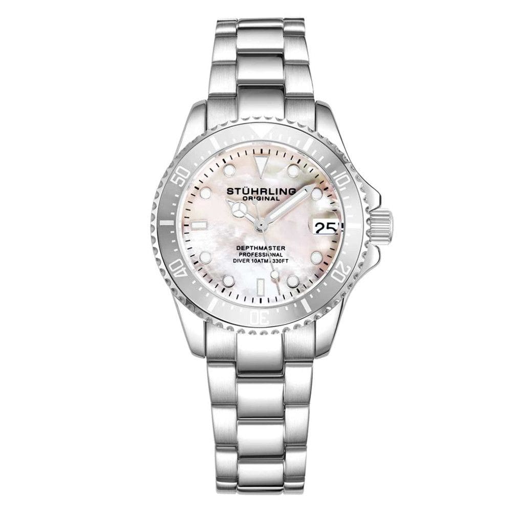 Relgio masculino Depthmaster 3950L 32mm, mostrador branco e pulseira de ao inoxidvel prata, Stuhrling.
