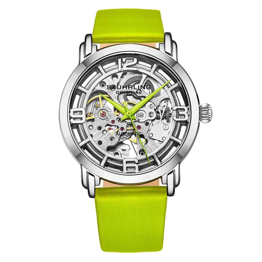 Relógio Automático Winchester 3982, Mostrador Prateado, Pulseira de Couro Verde, Stuhrling