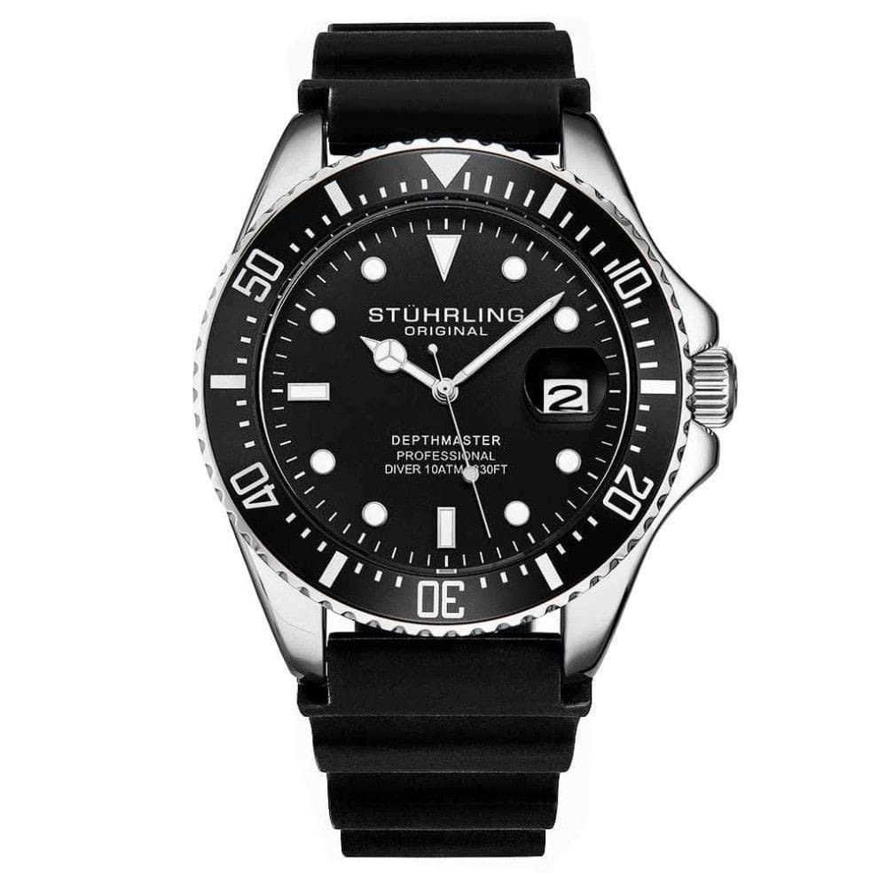 Relgio Stuhrling Depthmaster 3950R 42 mm, Mostrador Preto e Pulseira de Borracha Preta com Fivela de Prata