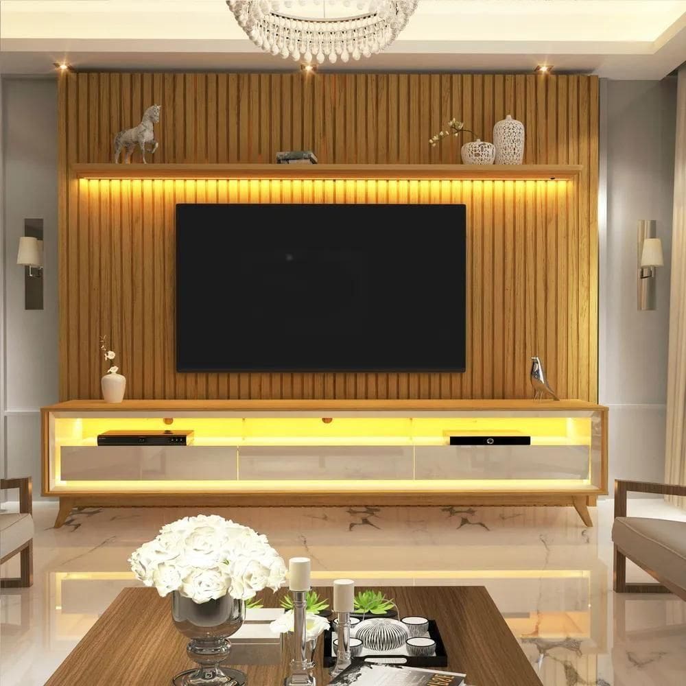 Rack Reluz 2,12m Com Painel Ripado Nobre 2,30m Com Led Para Tvs De Até 75 Polegadas