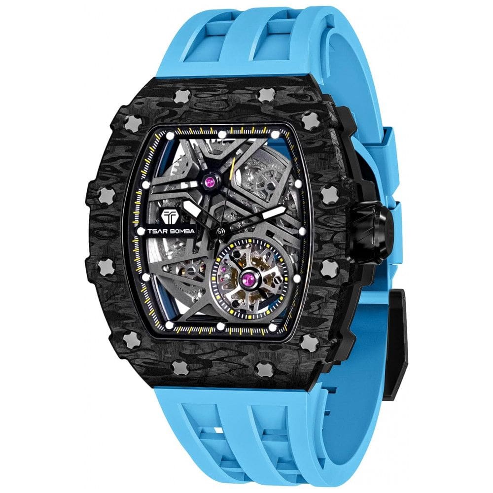 Relógio Masculino Analógico Automático a Prova dÁgua 50M com Pulseira de Silicone, TSAR BOMBA TBCF 8209, Azul