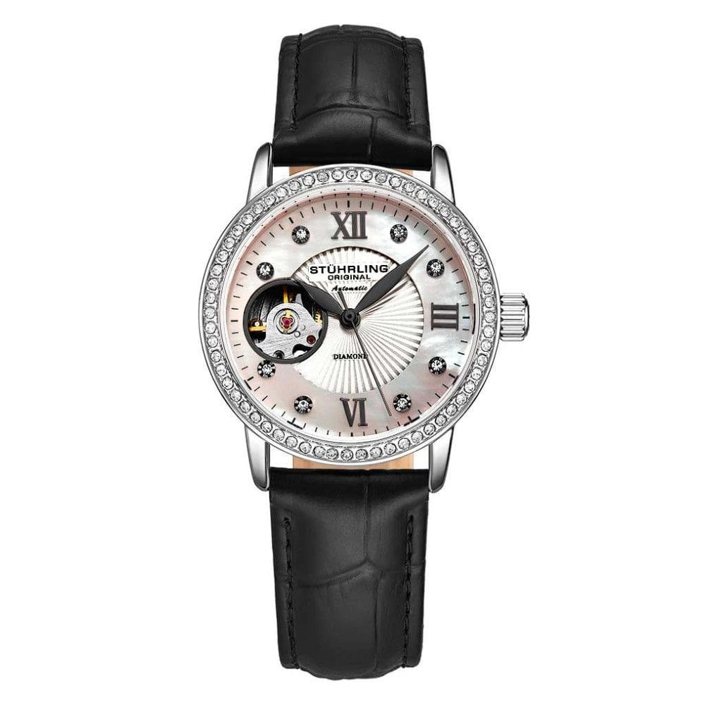 Relgio Automtico Legacy 3952 de 34 mm, Mostrador Prateado, Pulseira de Couro Preto e Fivela Tang em Prata - Stuhrling.
