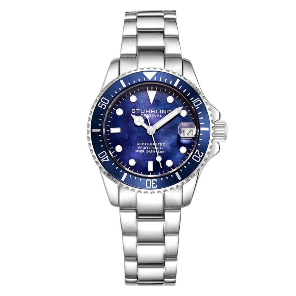 Relgio masculino Depthmaster 3950L 32mm, mostrador azul, pulseira de ao inox prateado e fivela de implantao - Stuhrling.