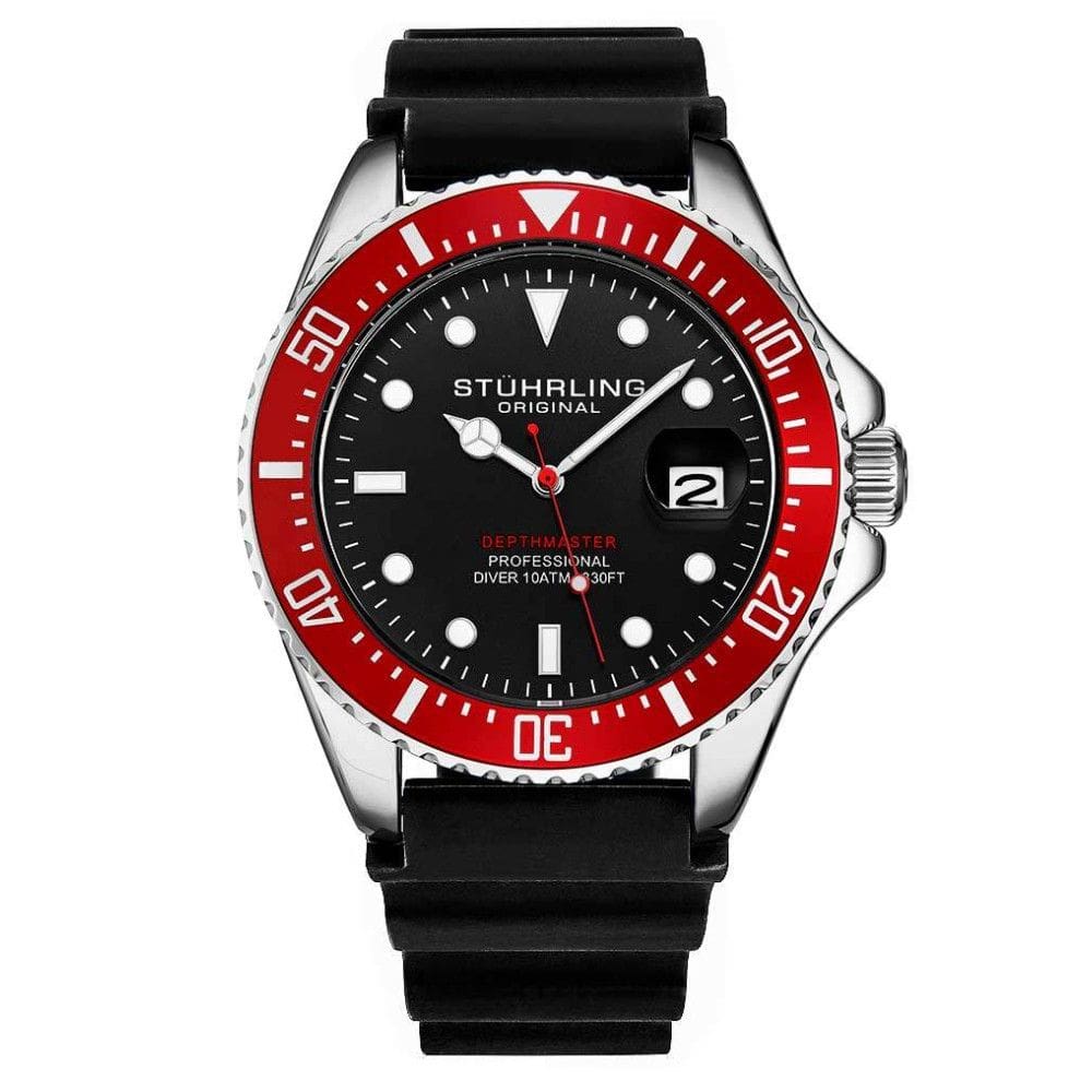 Relgio Depthmaster 3950R 42mm, Mostrador Preto e Prata, Pulseira de Borracha e Fivela de Prata - Stuhrling