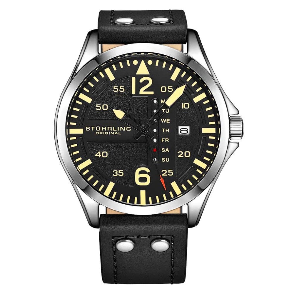Relgio Aeronaut 3916 Aviador 43mm, Mostrador Preto/Prata, Pulseira Couro Preto e Fivela Prata, Stuhrling.