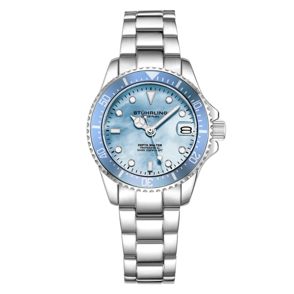 Relgio masculino Depthmaster 3950L com mostrador azul claro, pulseira de ao inoxidvel e fivela de implantao.