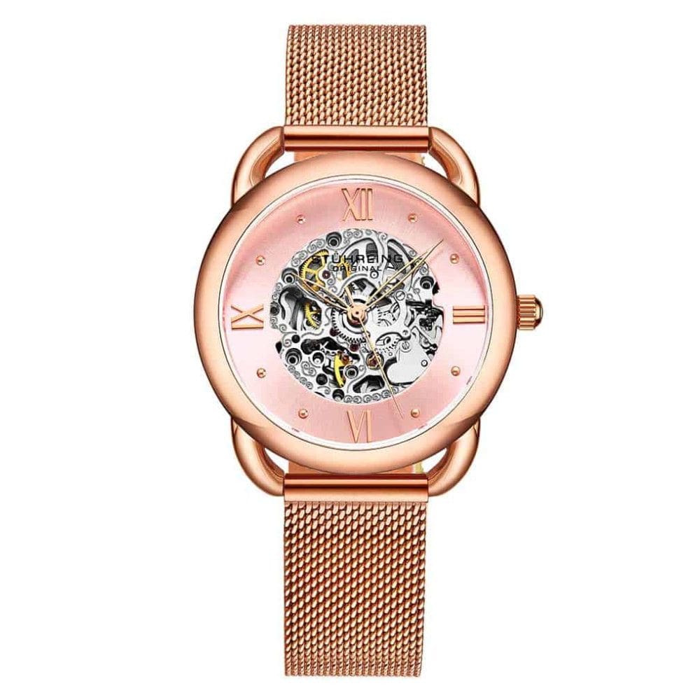 Relgio Feminino Stuhrling 3990M Automtico 36mm, Mostrador Rosa com Pulseira em Ao Inox Rosa e Fivela Dobrvel em Ouro Rosa.