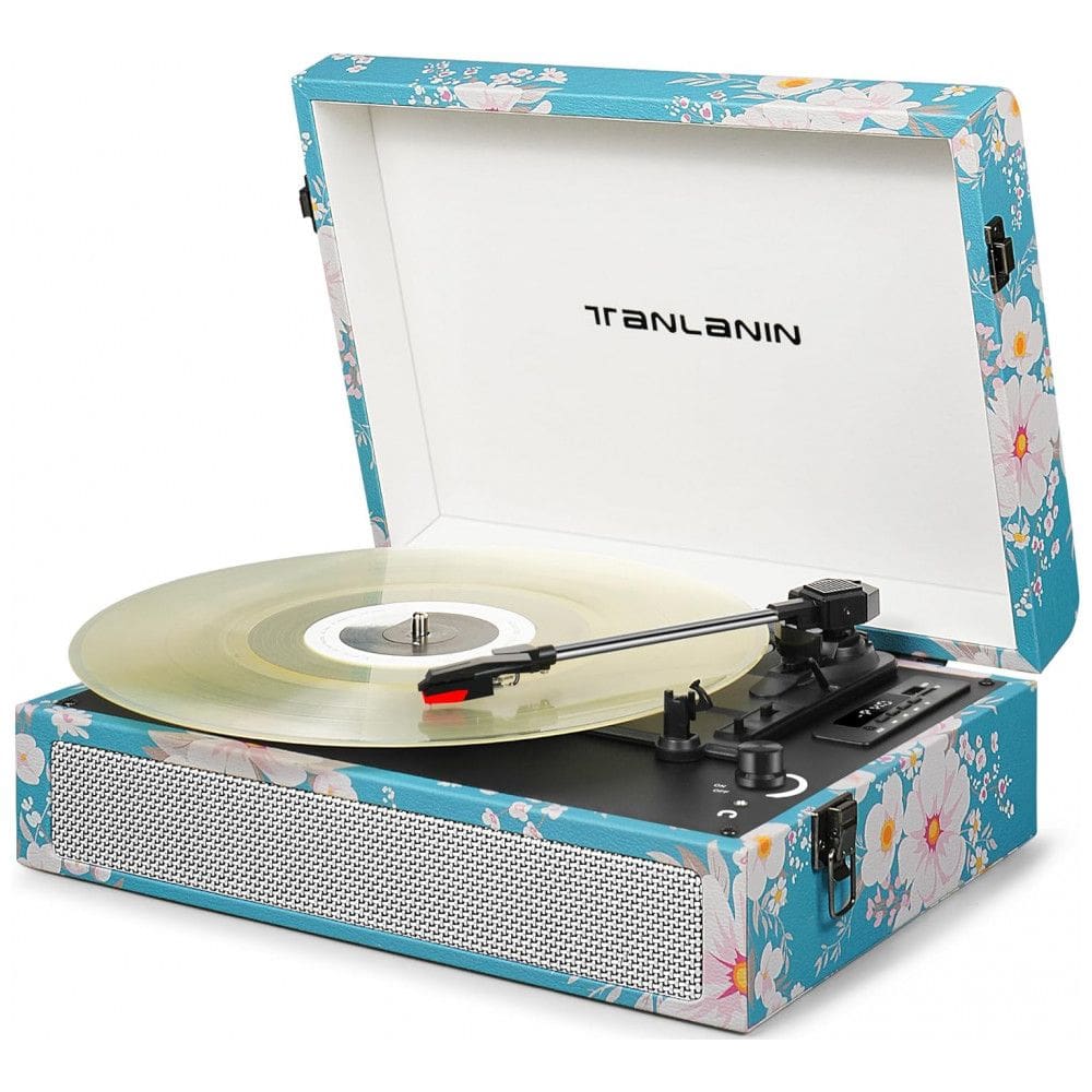 Toca Discos Vintage com 3 Velocidades, Alto Falantes Embutidos, Gravação USB e Entrada para Fone, TANLANIN, Azul Floral