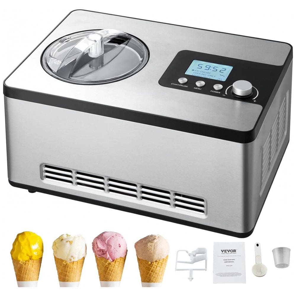 Máquina de Sorvete Automática 1,8L em Aço Inoxidável com Compressor Embutido, 3 Modos, Temporizador e Painel Digital Horizontal, VEVOR, Prata e Preto