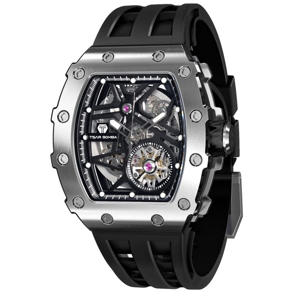 Relógio Masculino Analógico Automático a Prova dÁgua 50M com Pulseira de Silicone, TSAR BOMBA TB 820679SGLZ, Preto e Prata