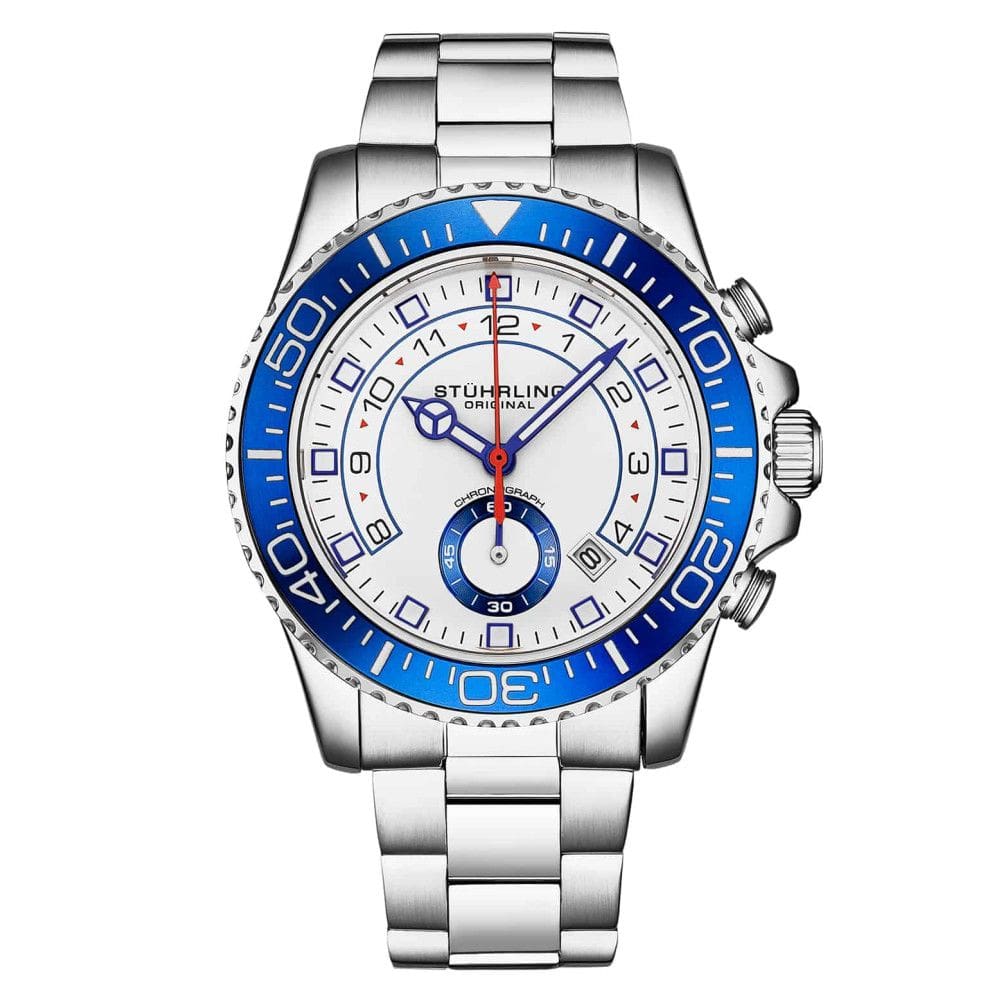 Relgio Masculino Stuhrling Brigadeiro 3966, Moldura Azul, Mostrador Branco e Pulseira em Ao Inoxidvel