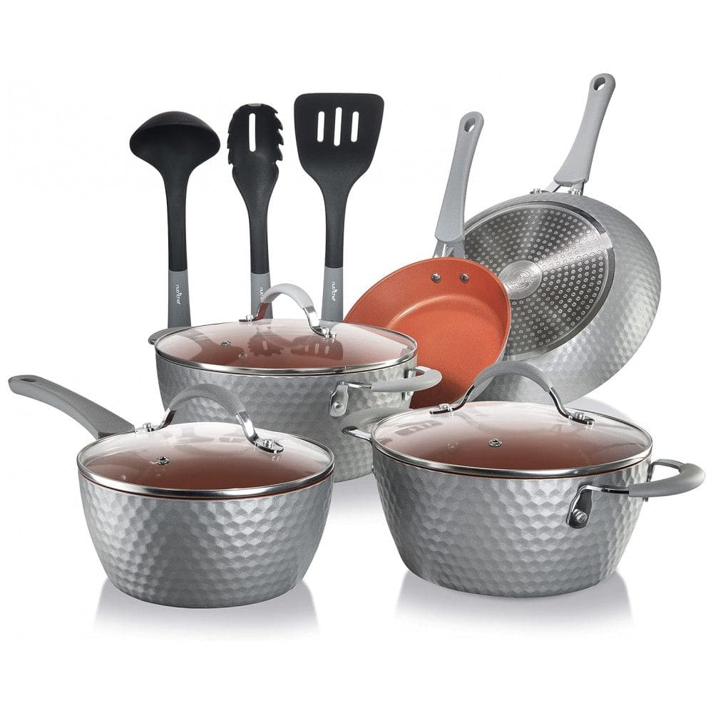 Conjunto de Panelas e Frigideiras Antiaderentes em Cerâmica com Utensílios, 11 Peças, NutriChef, Cinza