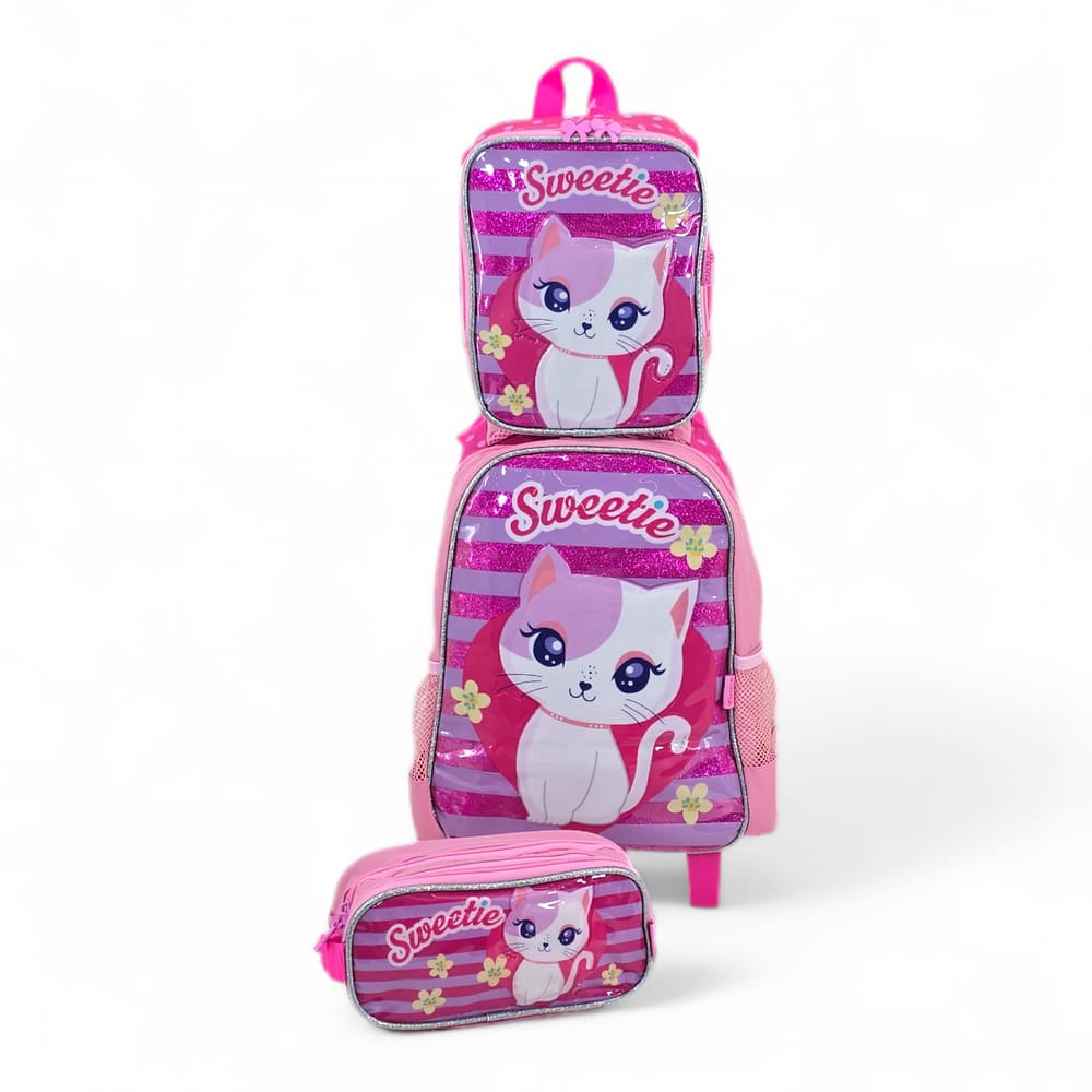 Kit mochila rodinha escolar lancheira estojo cat sweetie