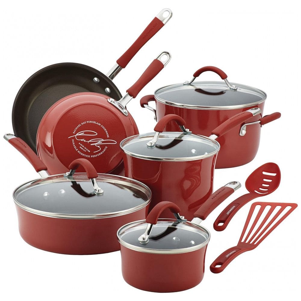 Conjunto de Panelas e Frigideiras Antiaderentes em Alumínio com Utensílios, 12 Peças, Rachael Ray, Vermelho Escuro