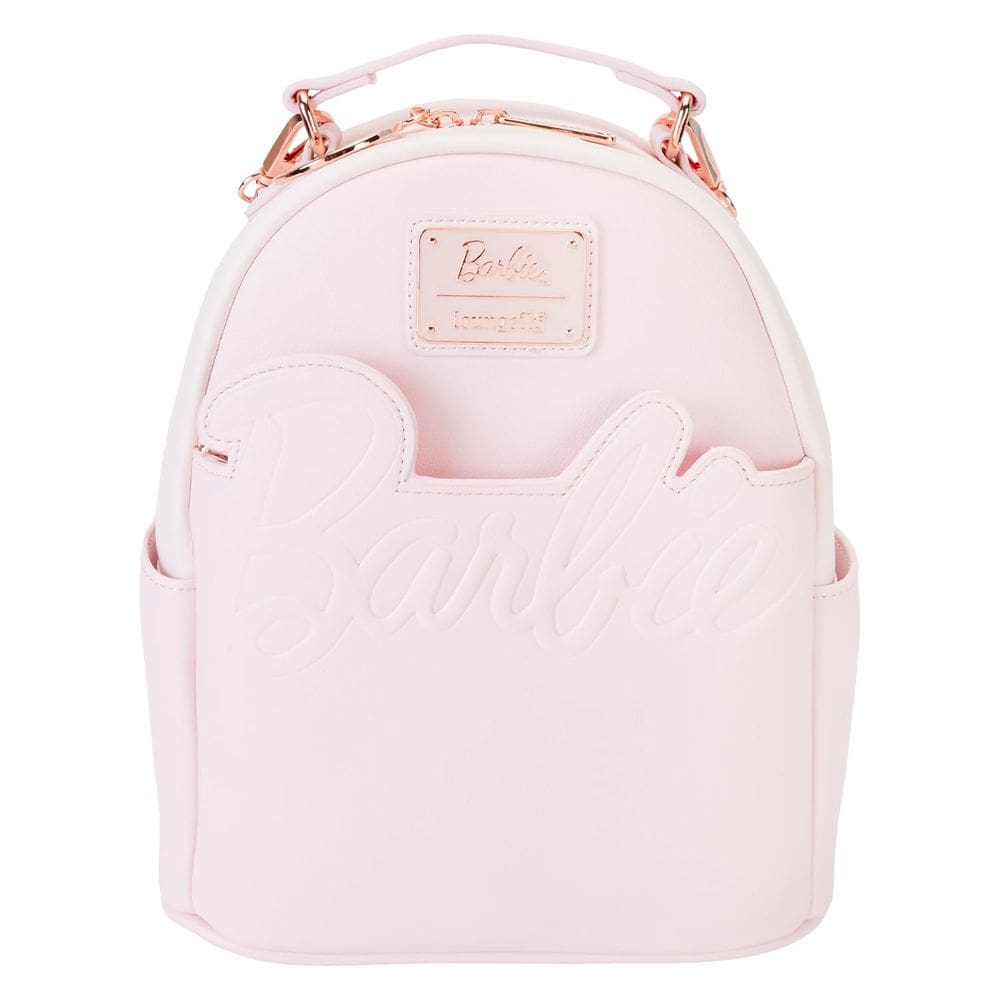 Mochila Loungefly Barbie com logotipo em ouro rosa conversível