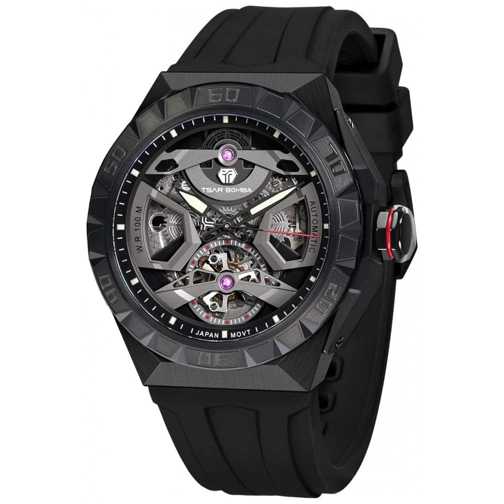 Relógio Masculino Analógico Automático Mecânico a Prova dÁgua 100M com Pulseira de Silicone, TSAR BOMBA 8804, Preto