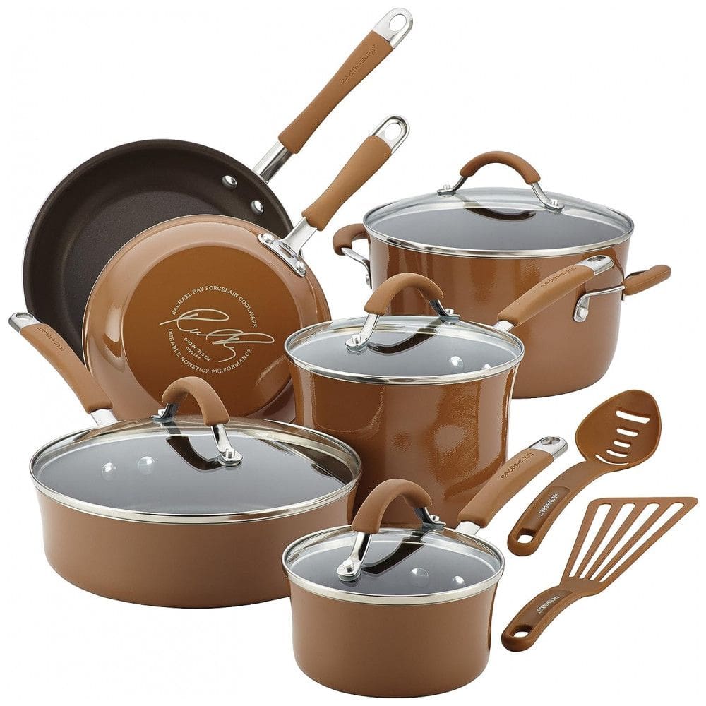 Conjunto de Panelas e Frigideiras Antiaderentes em Alumínio, 12 Peças, Rachael Ray, Marrom