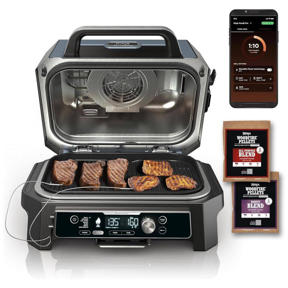 Grill Elétrico Defumador Inteligente7 em 1 com Bluetooth e Controle via APP, Ninja OG951 Woodfire Pro