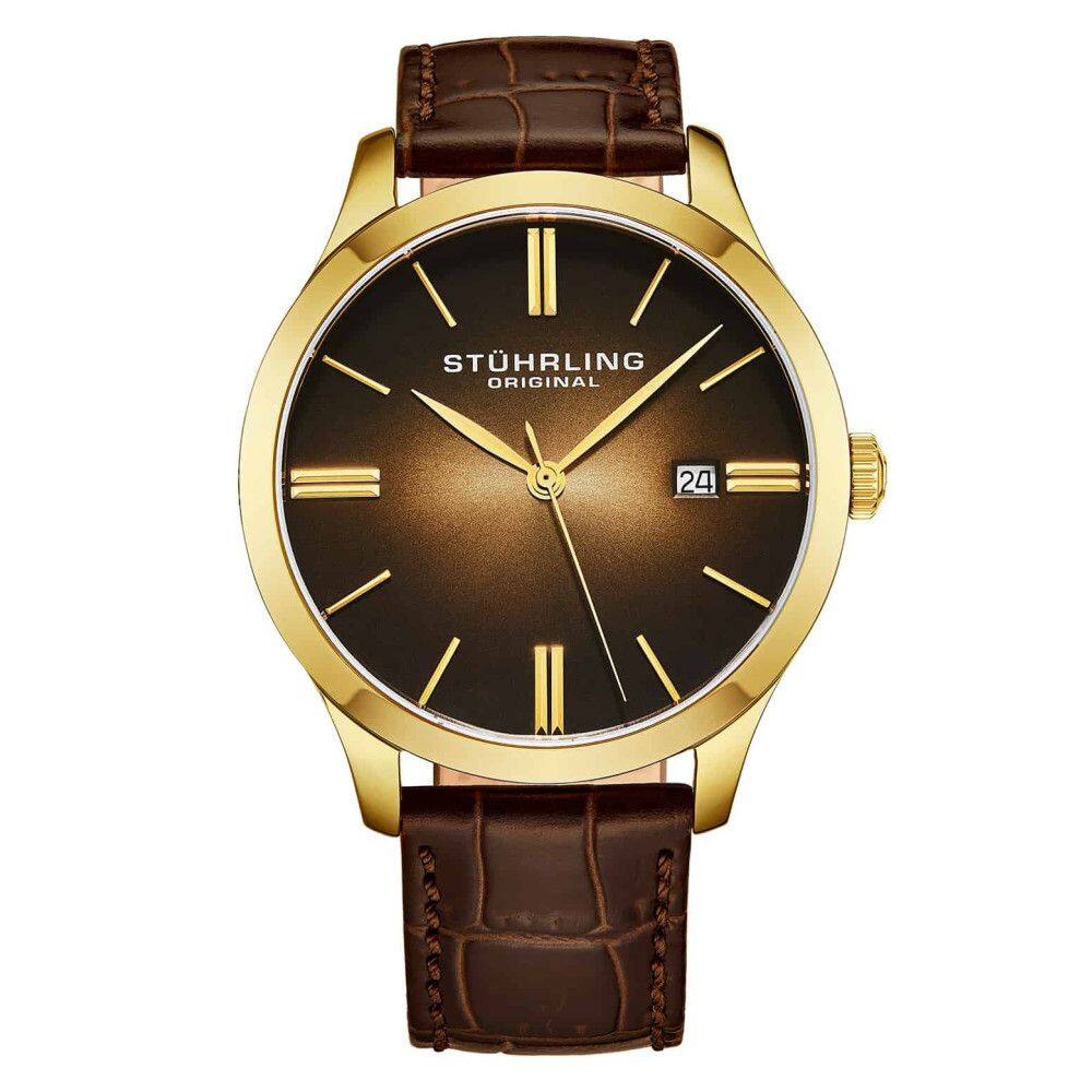 Relgio Cuvette II 4014 Classic 42mm, mostrador rosa, pulseira de couro marrom e fivela Tang em ouro amarelo Stuhrling