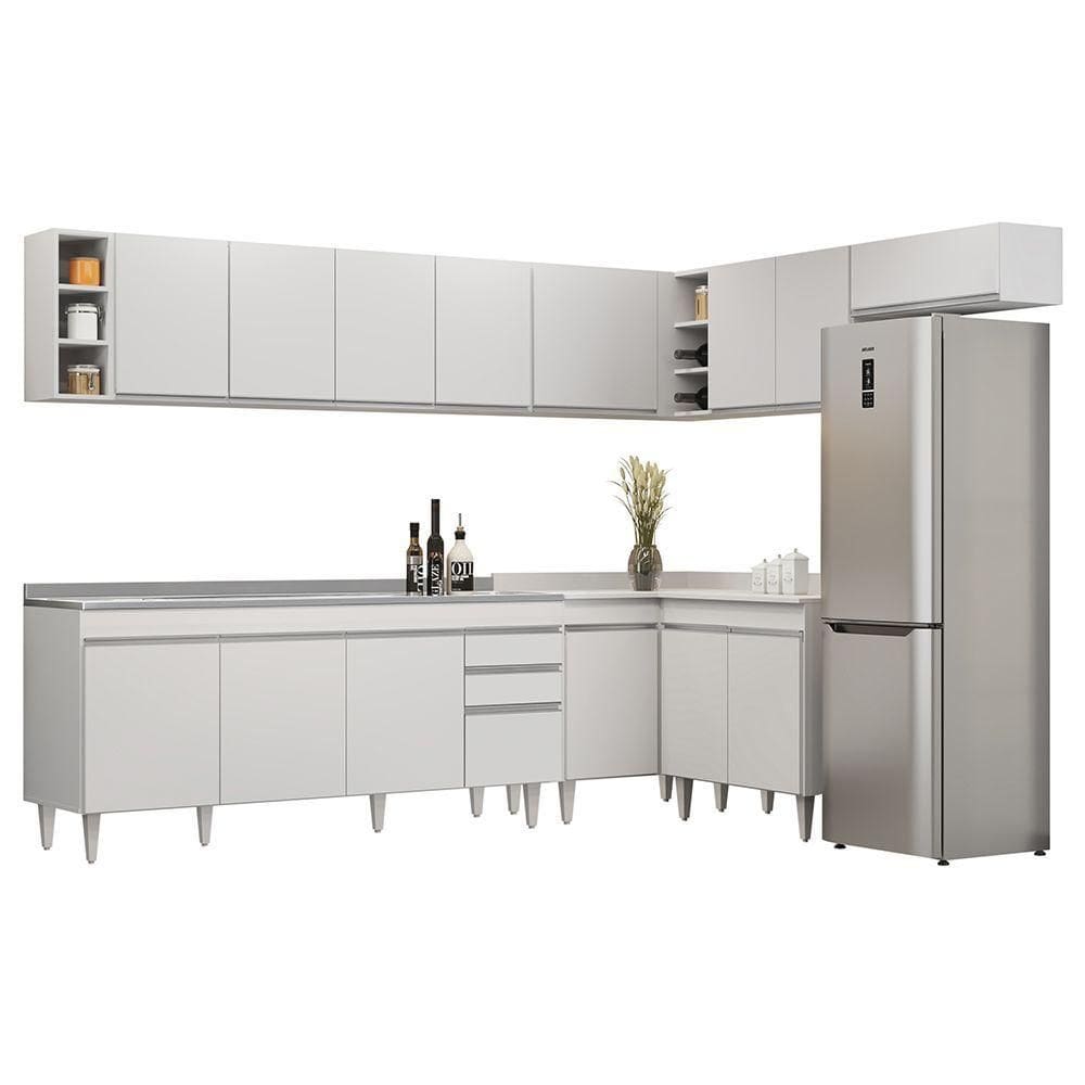 Armário De Cozinha Modulado De Canto 8 Peças Cp27 Com Pia Inox Branco