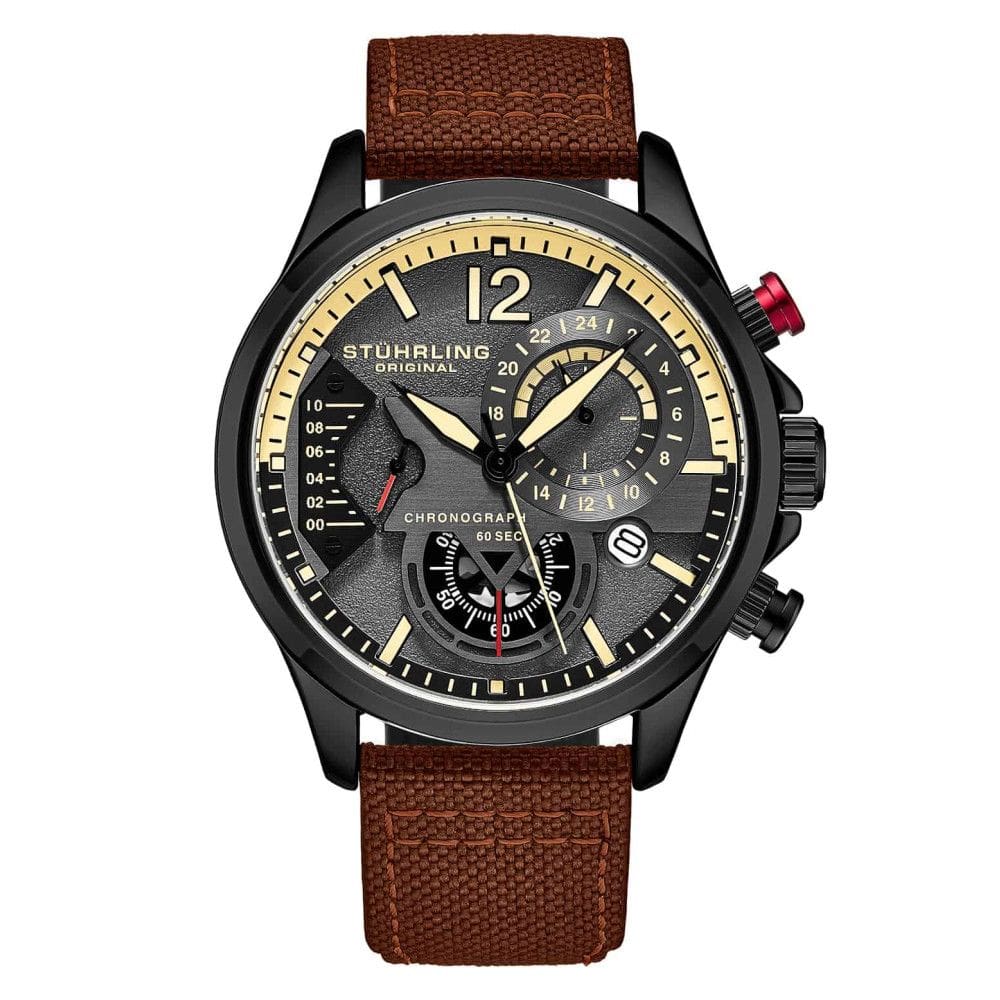 Relgio Stuhrling Cordura 4029 Aviador 45mm, Mostrador Cinza e Preto, Pulseira de Couro Marrom e Fivela Tang Preta
