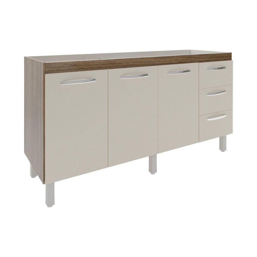 Balcão Cozinha Armário Gabinete Para Pia 157 Cm 3 Portas E 3 Gavetas Estela Savana Off White