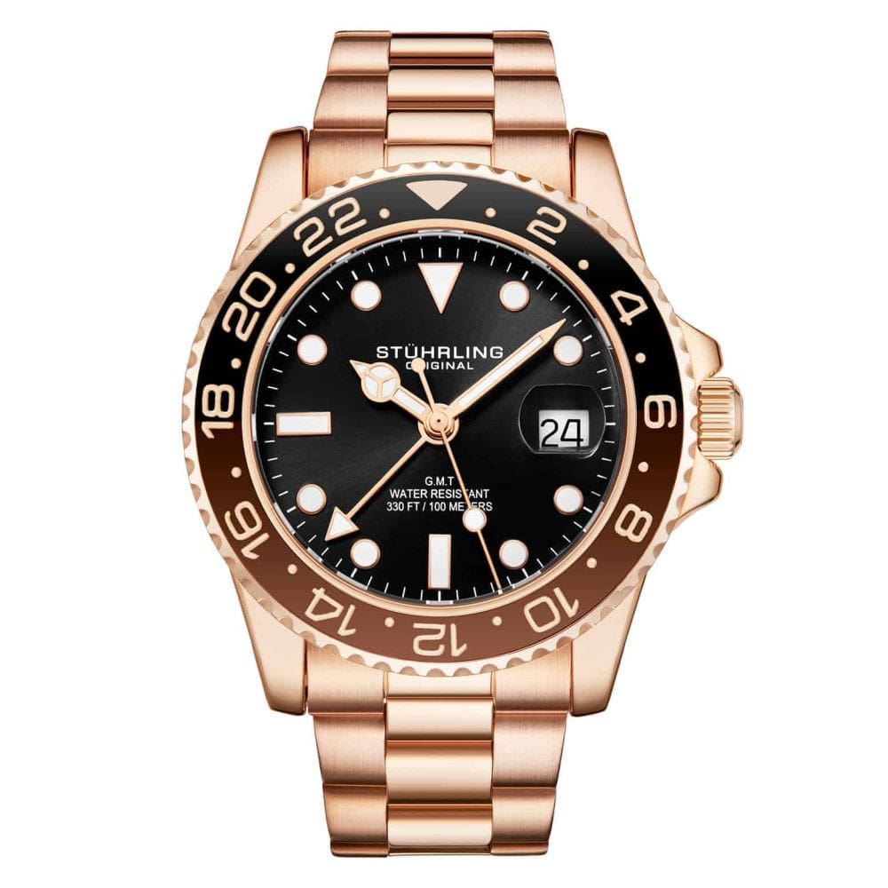 Relgio Stuhrling Meridian 3965 com Mostrador Preto e Pulseira de Ao Inoxidvel Rosa de 42 mm