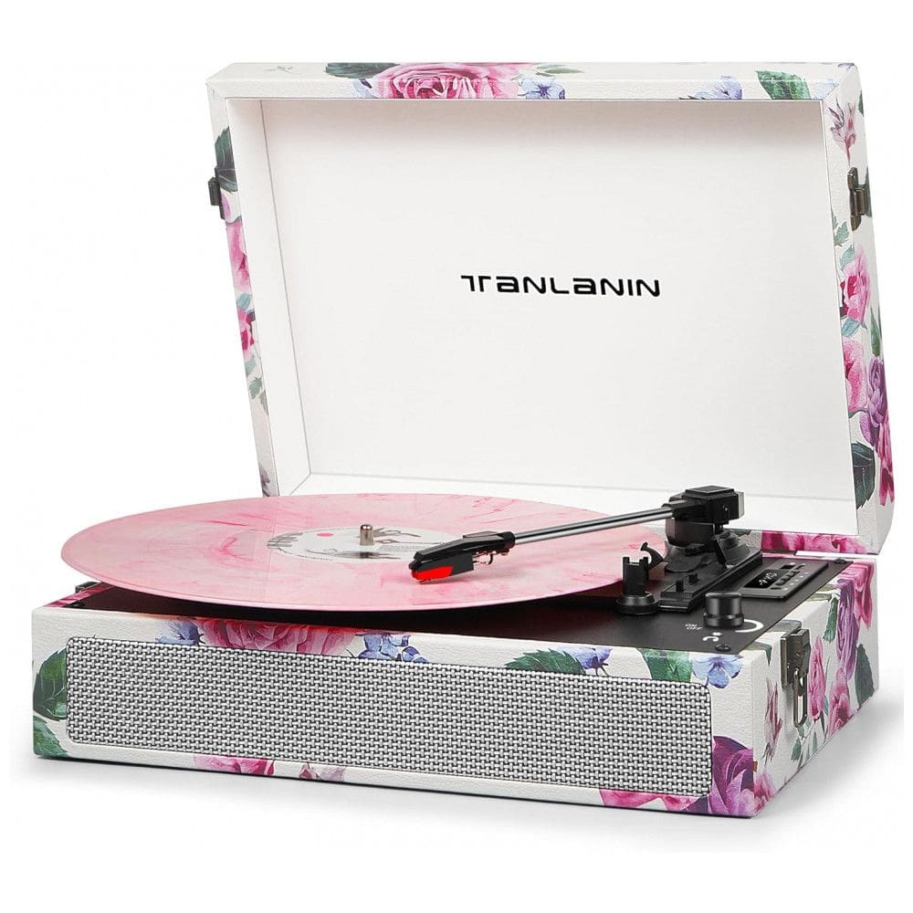 Toca Discos Vintage com 3 Velocidades, Alto Falantes Embutidos, Gravação USB e Entrada para Fone, TANLANIN, Branco Floral