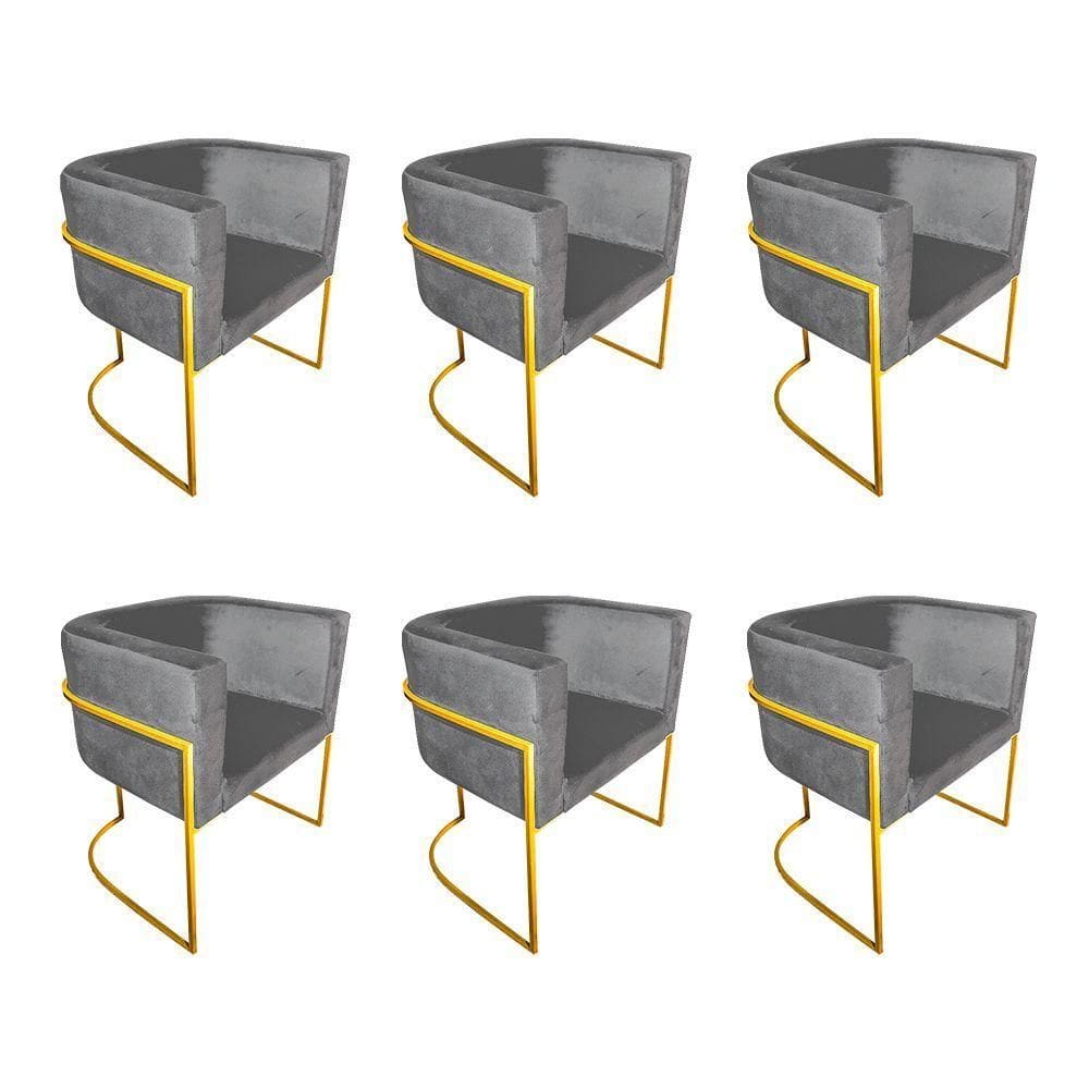 Kit 6 Cadeiras De Jantar Premium Base De Ferro Dourada Veludo Cinza