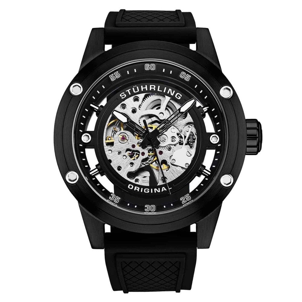 Relgio Automtico Stuhrling 4034 com Mostrador Preto, Pulseira de Borracha e Fivela Tang Pretas 50mm