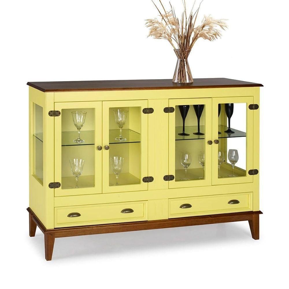 Mini Cristaleira De Madeira Maciça 4 Portas Amarelo Lemon