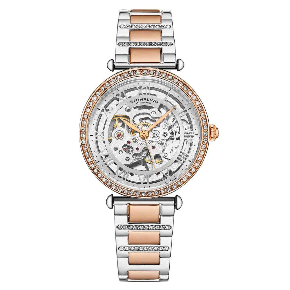 Relgio de pulso Luxe Legacy 4023 Automtico 38mm Skelton, prata e rosa, com pulseira de dois tons e moldura rosa, da Stuhrling