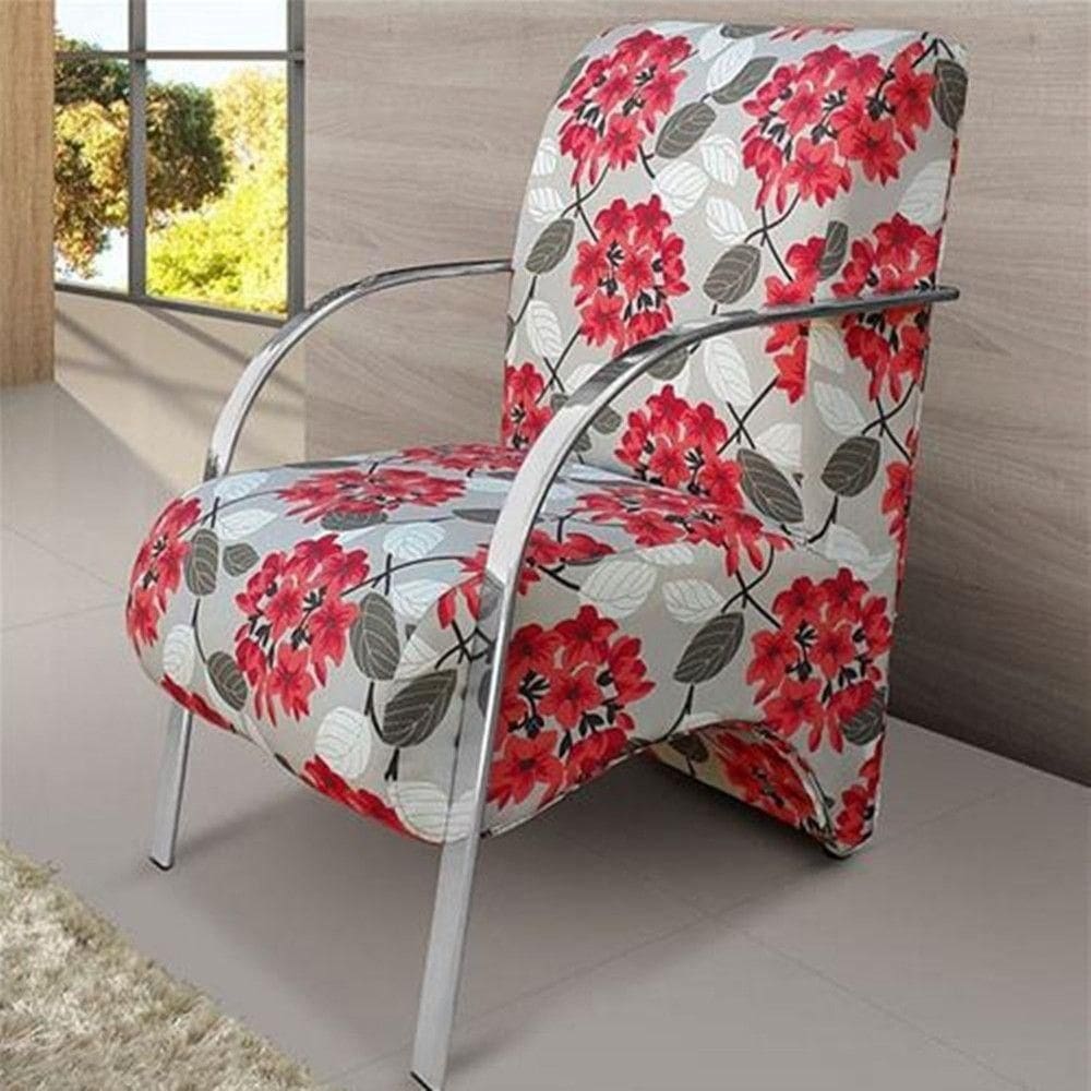 Poltrona C/Braço Alumínio Jacquard Vermelho Floral